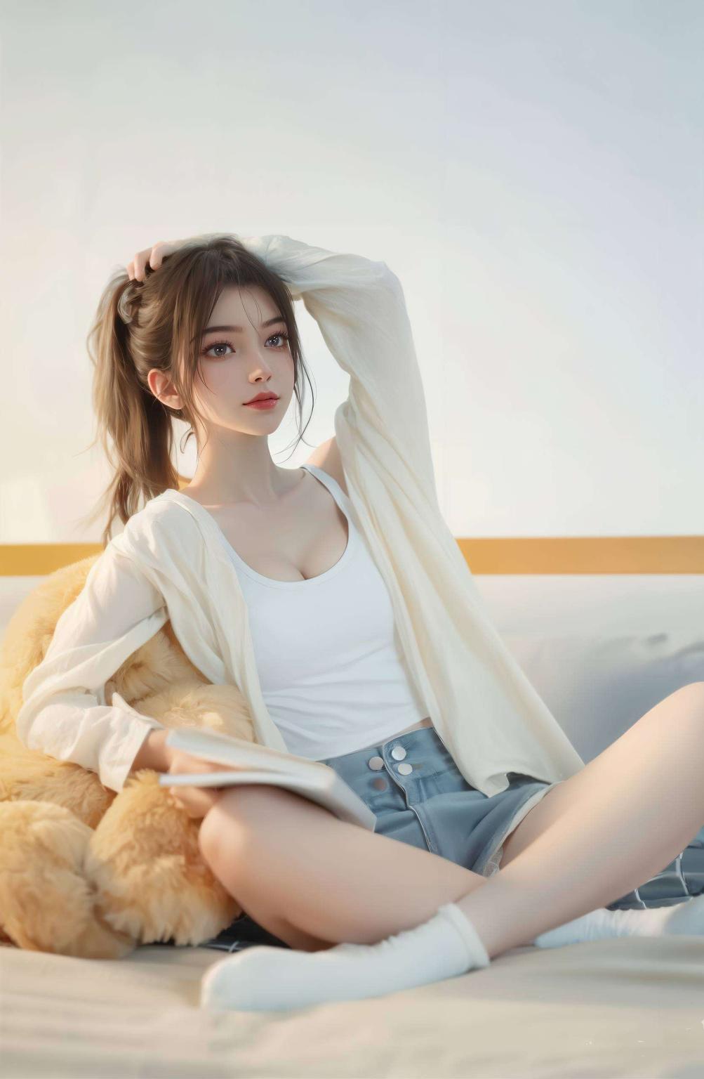 宁姚穿睡衣趴床上一机在手